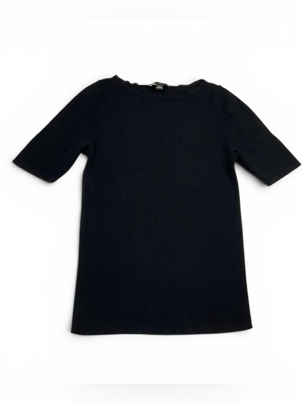 Ann Taylor Black Ribbed Knit Sweater Stretchy Form Fit Half Sleeve Pullover PL